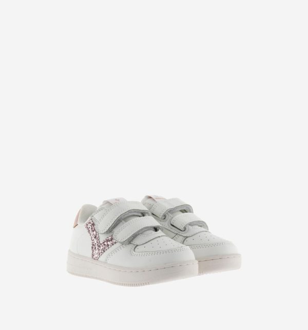 White leather sneakers with nude glitter V logo Online Sale