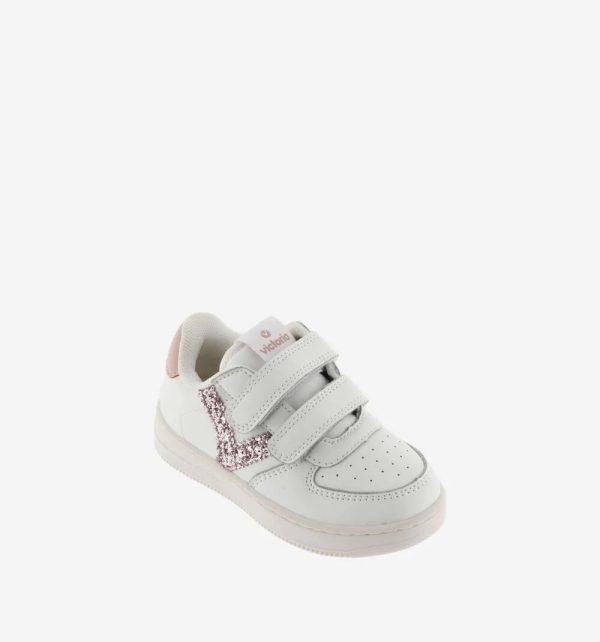 White leather sneakers with nude glitter V logo Online Sale