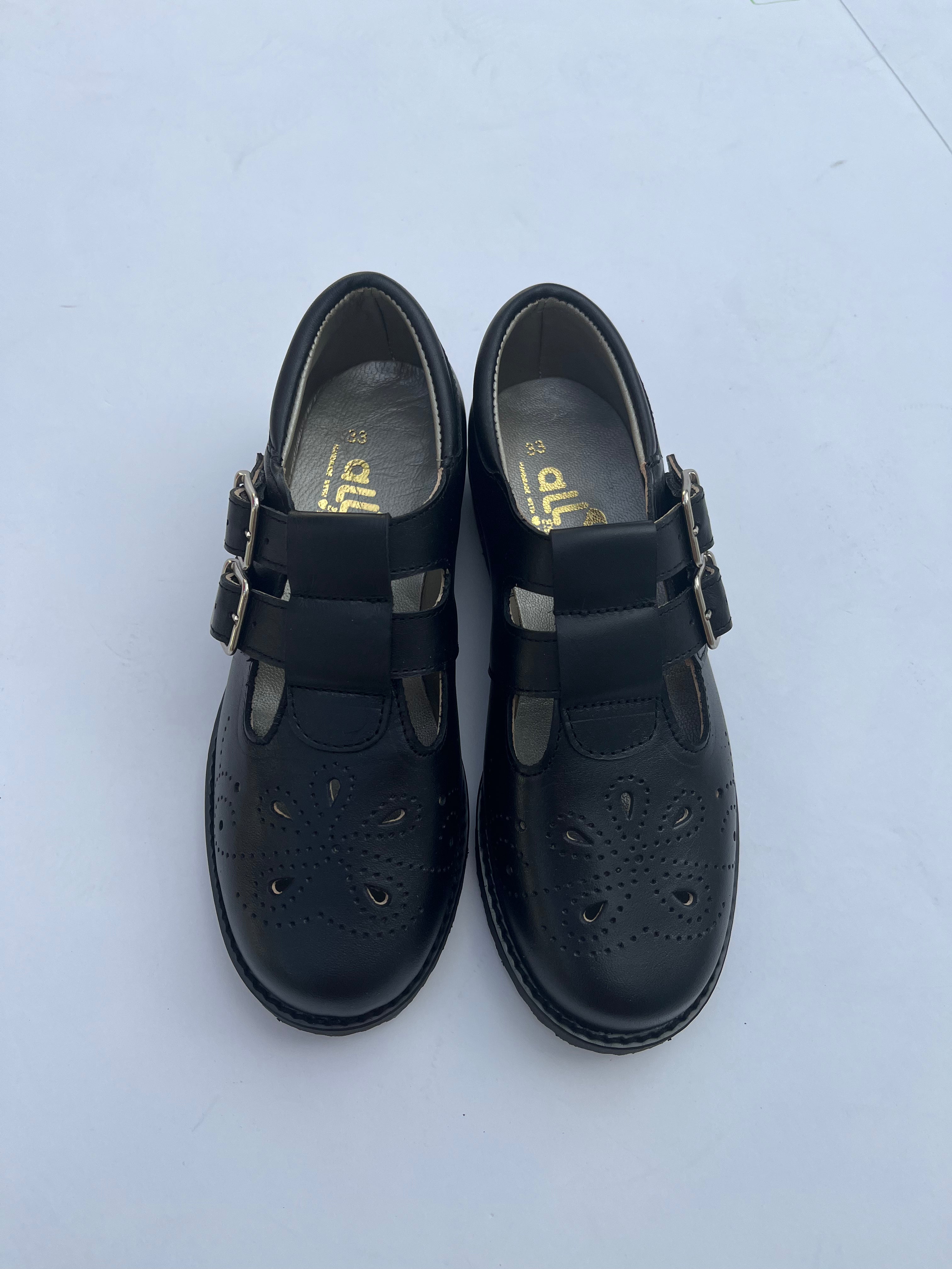 Black double straps with buckle school shoe ( flower-amarillo) For Discount