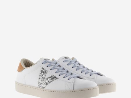 White leather sneaker with silver glitter V and teja heel Online Sale