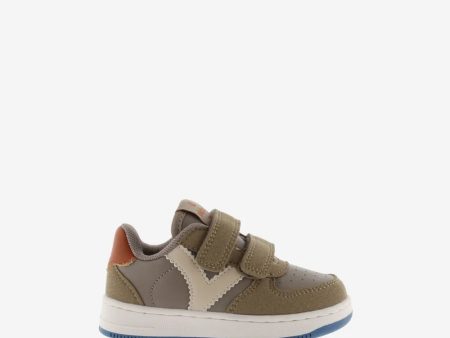 Taupe leather and suede double velcro sneaker For Sale