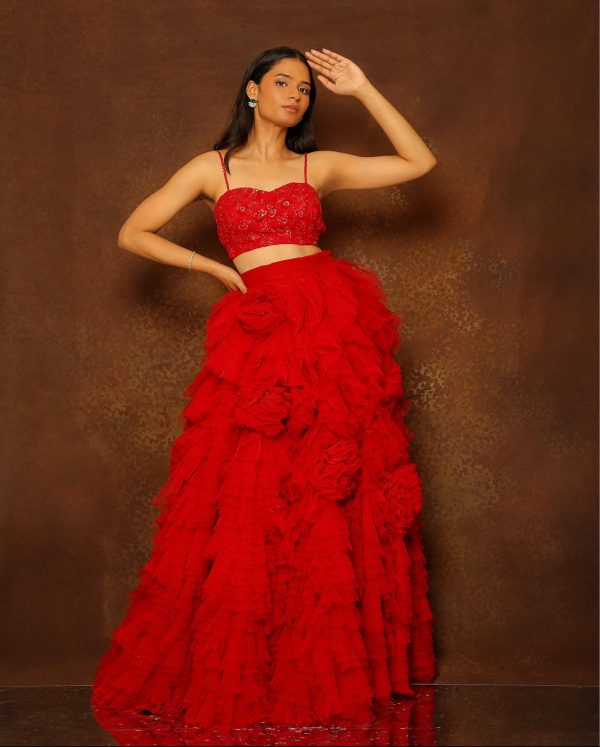 Ruby Red Tulle Layered Skirt Set Hot on Sale