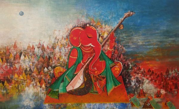 Musician Ganesha (red) For Sale