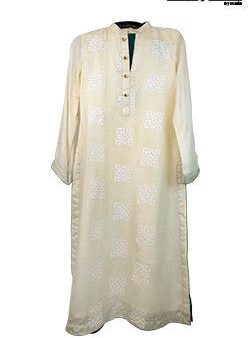 Raw Silk Cream Kurta with White Block Print Online Sale