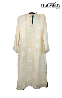 Raw Silk Cream Kurta with White Block Print Online Sale