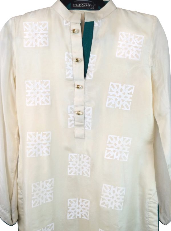 Raw Silk Cream Kurta with White Block Print Online Sale