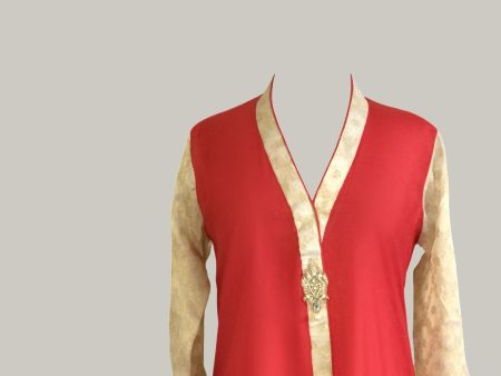 Red Raw Silk with Banarsi Chiffon Sleeves and Back Kurta For Cheap