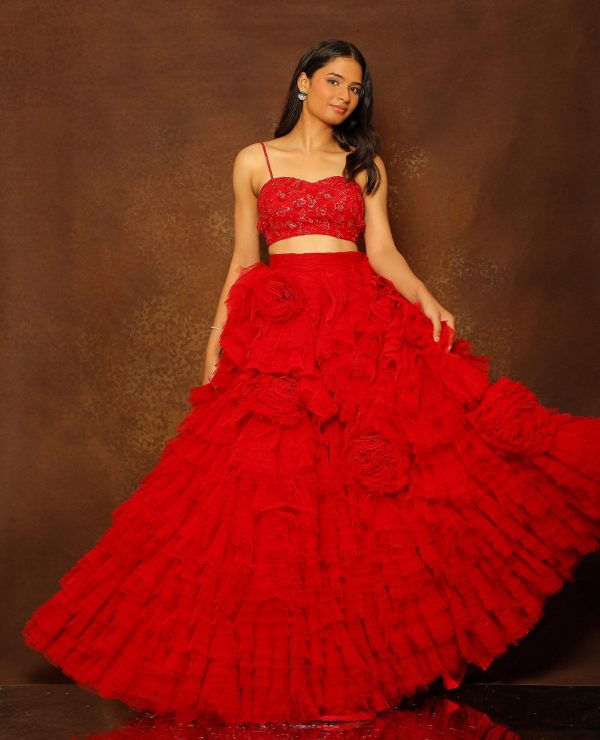 Ruby Red Tulle Layered Skirt Set Hot on Sale