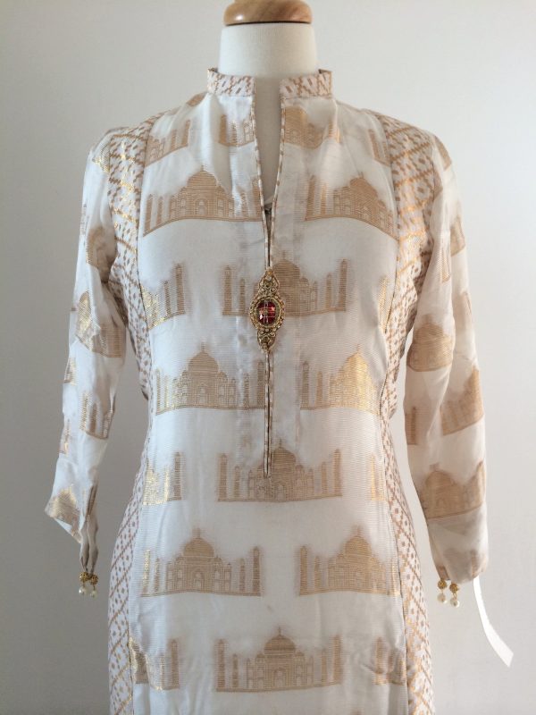 White and Gold Shimmer Chiffon Kurta Discount