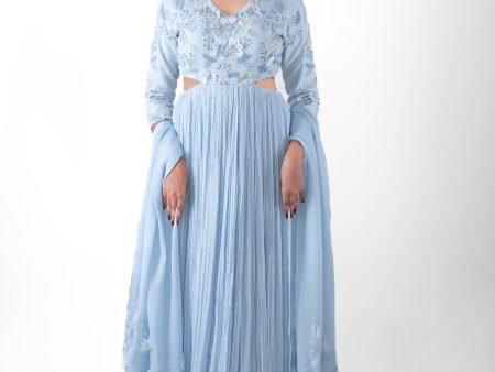 Cloud Blue Pleated Gown with Dupatta For Sale