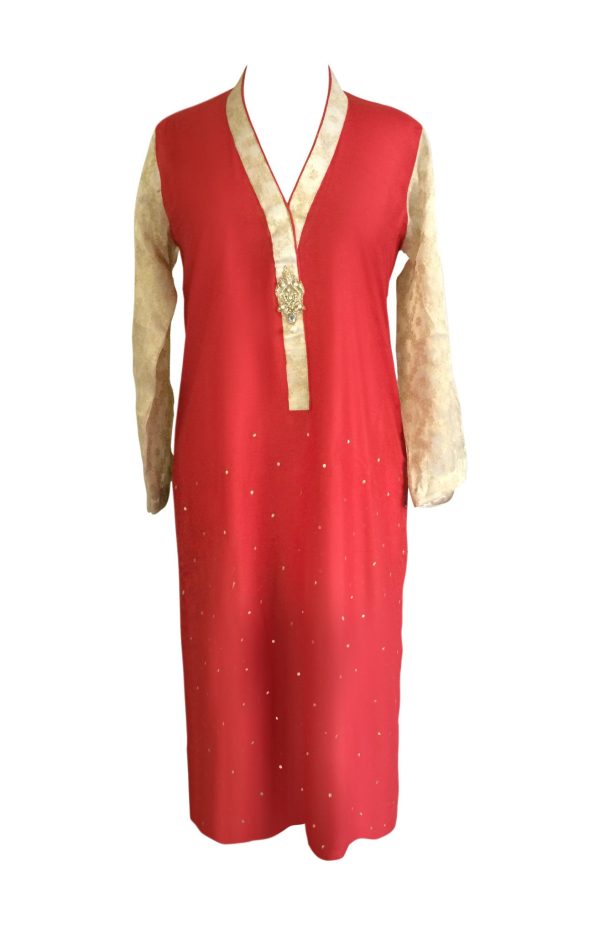 Red Raw Silk with Banarsi Chiffon Sleeves and Back Kurta For Cheap