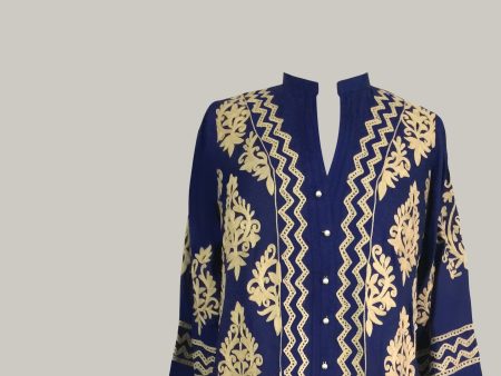 Navy Blue Marina Kurta with Beige Embroidery Online Hot Sale