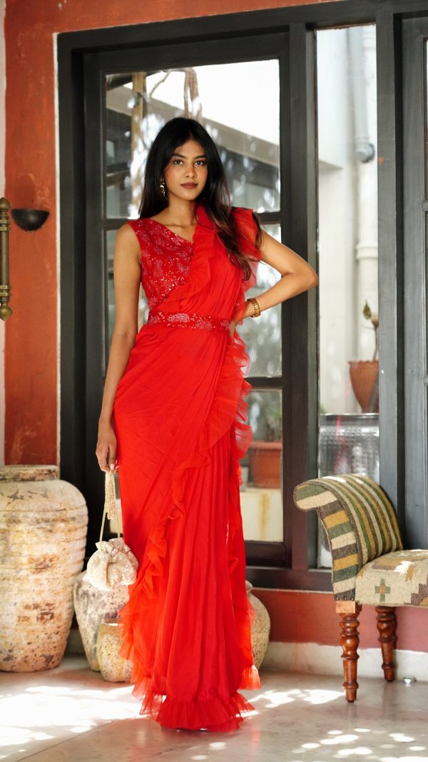 Ruby Red Ruffle Saree Hot on Sale