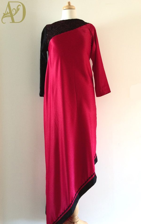 Red Aqua Asymmetric dress with a Lace Sleeve Supply