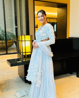 Anu Rao in Cloud Blue Pleated Gown with Dupatta on Sale