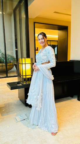 Anu Rao in Cloud Blue Pleated Gown with Dupatta on Sale