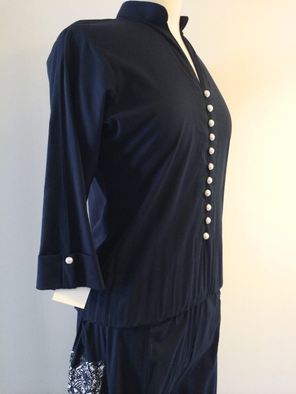 Dark Navy Jumpsuit with One Leg Sided Embroidery Online Hot Sale