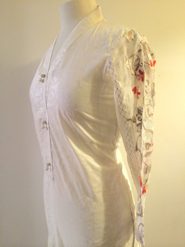 White Raw Silk with Cotton net Sleeves Kurta For Sale