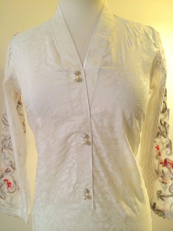 White Raw Silk with Cotton net Sleeves Kurta For Sale