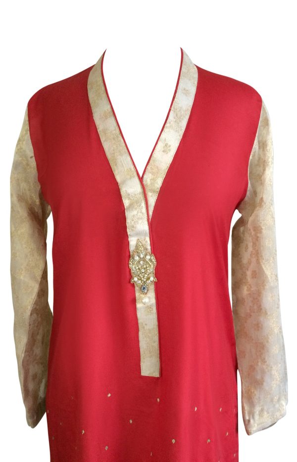 Red Raw Silk with Banarsi Chiffon Sleeves and Back Kurta For Cheap