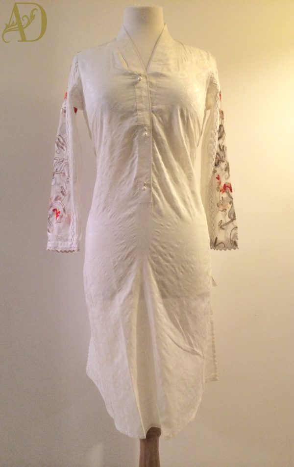 White Raw Silk with Cotton net Sleeves Kurta For Sale