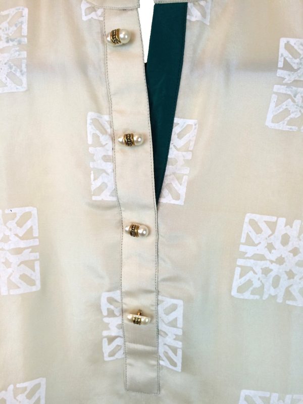 Raw Silk Cream Kurta with White Block Print Online Sale