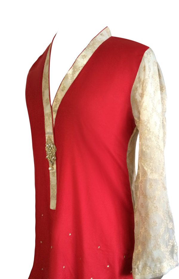 Red Raw Silk with Banarsi Chiffon Sleeves and Back Kurta For Cheap