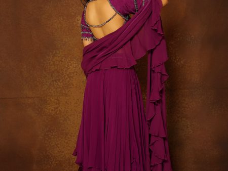 Eggplant Layered Lehenga & Ruffle Dupatta Online Sale