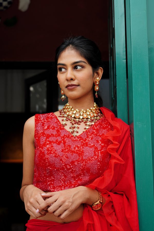 Divya Boppana in Ruby Red Ruffled Saree Set Supply