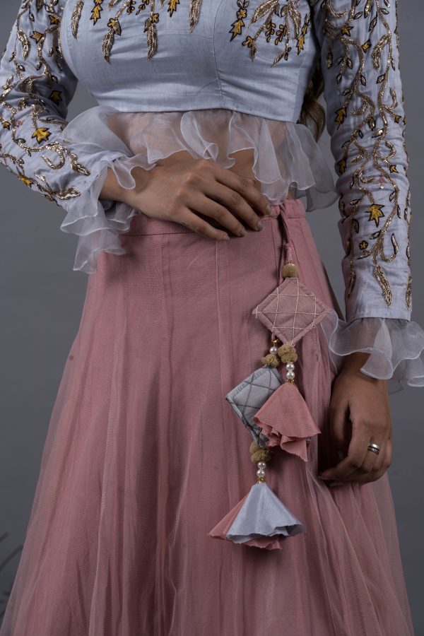 Cloud Blue Embellished Blouse & Rosebud Skirt Set Online Hot Sale