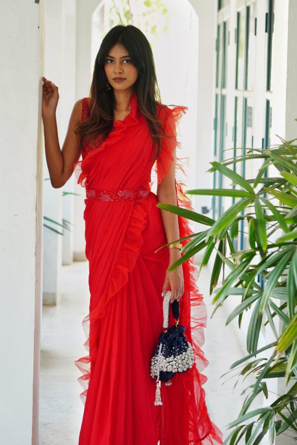 Divya Boppana in Ruby Red Ruffled Saree Set Supply