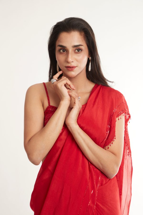 Charita Varma in Ruby Red Saree Set Hot on Sale