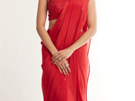 Charita Varma in Ruby Red Saree Set Hot on Sale