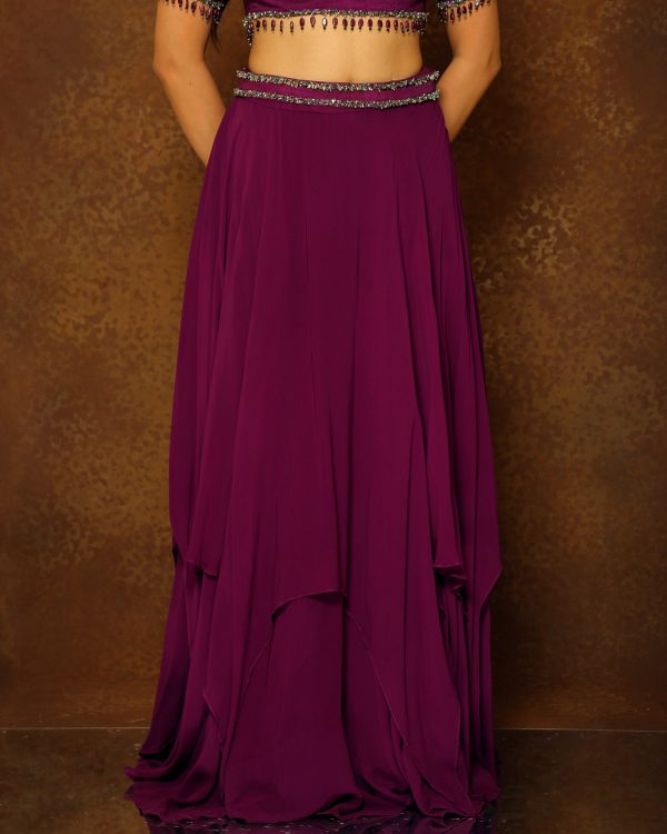 Eggplant Layered Lehenga & Ruffle Dupatta Online Sale