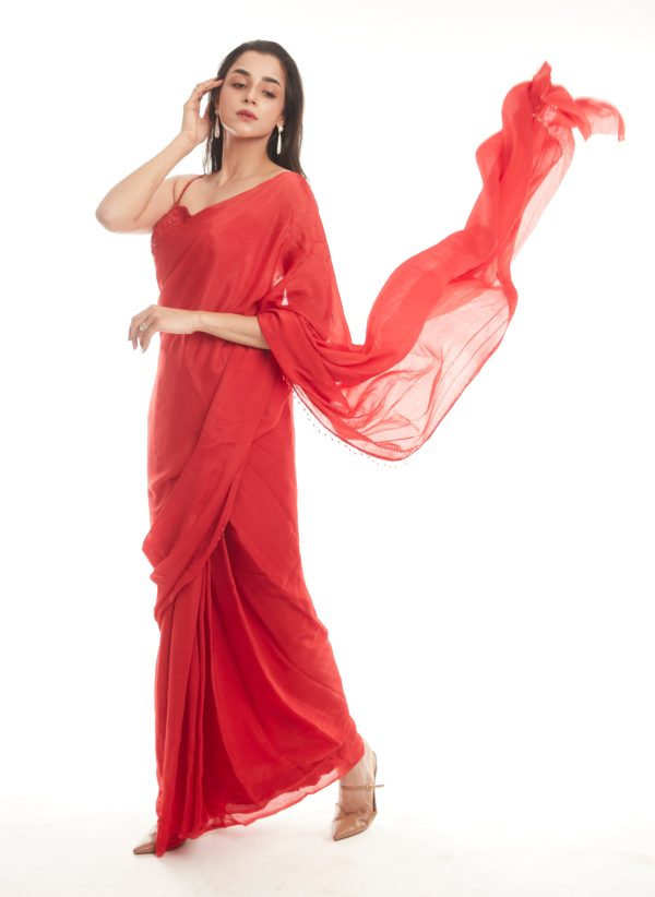 Charita Varma in Ruby Red Saree Set Hot on Sale