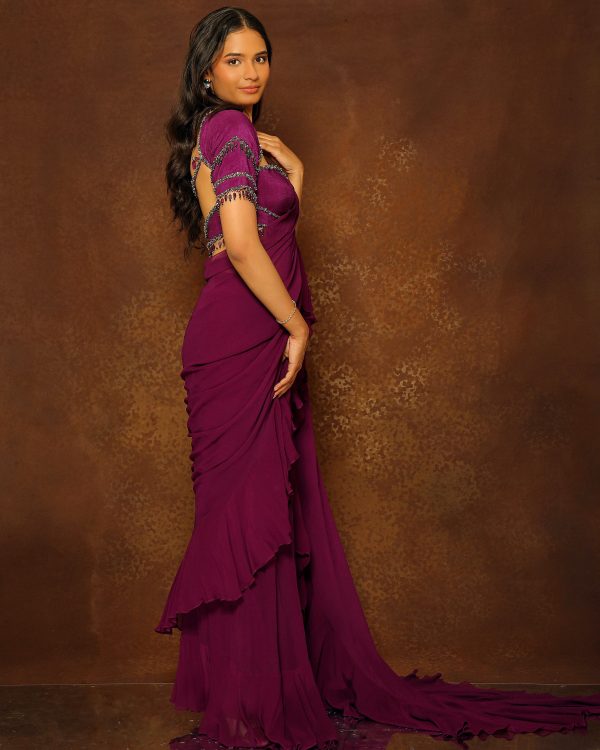 Eggplant Tasseled Ruffle Saree Set on Sale