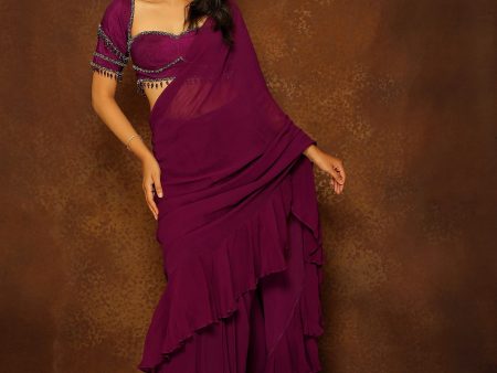 Eggplant Tasseled Ruffle Saree Set on Sale