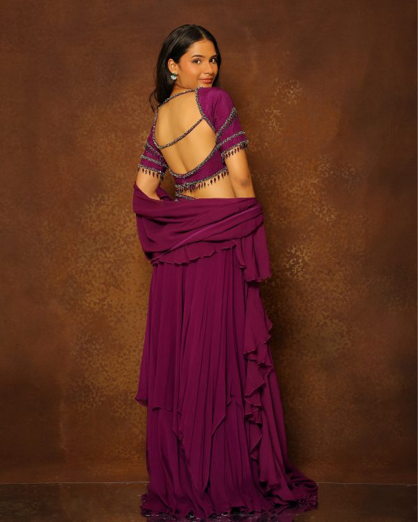 Eggplant Layered Lehenga & Ruffle Dupatta Online Sale