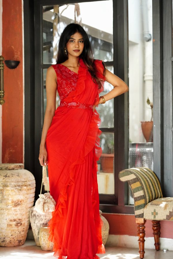 Divya Boppana in Ruby Red Ruffled Saree Set Supply