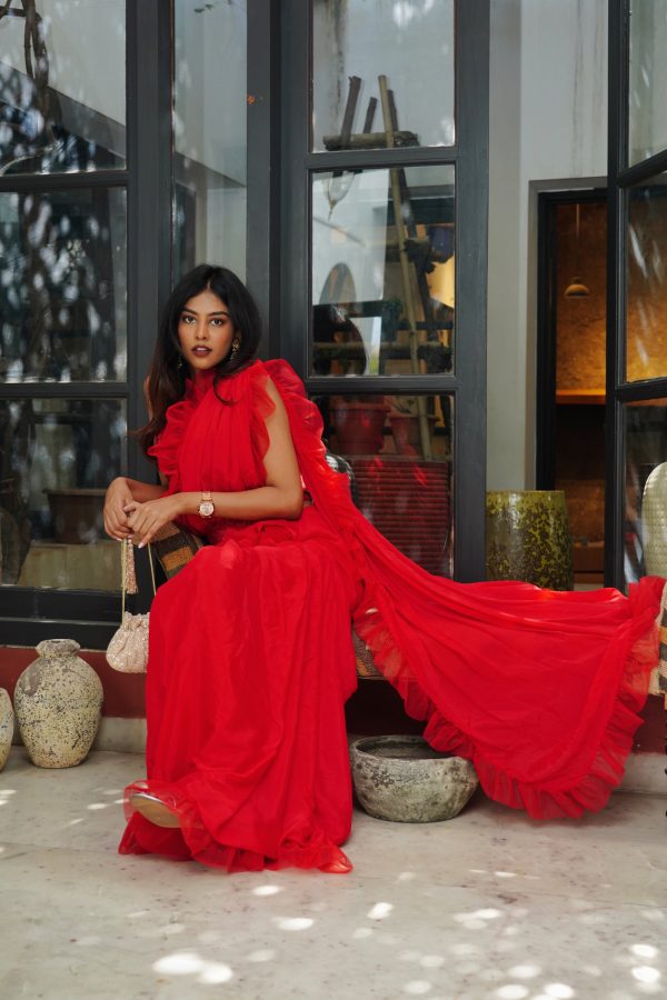 Divya Boppana in Ruby Red Ruffled Saree Set Supply