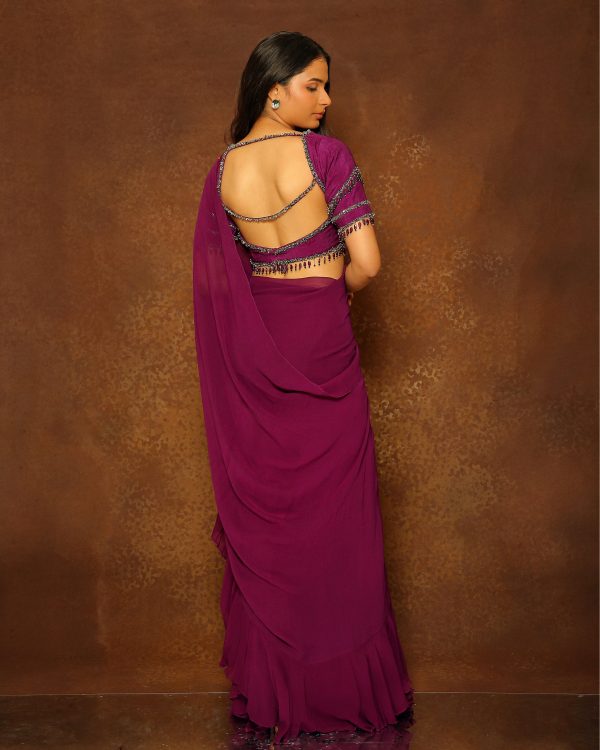 Eggplant Tasseled Ruffle Saree Set on Sale