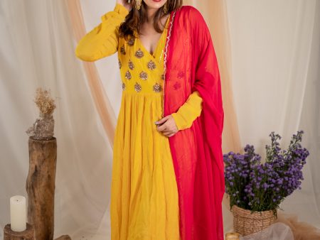 Tuscan Sun Angrakha & Seagrass Chudidar Set with Fuchsia Dupatta on Sale