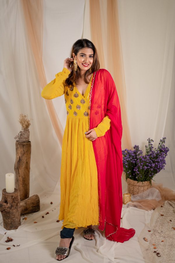 Tuscan Sun Angrakha & Seagrass Chudidar Set with Fuchsia Dupatta on Sale