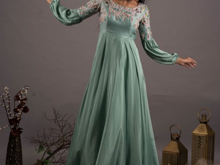 Honey Dew Gown with Lantern Sleeves For Discount